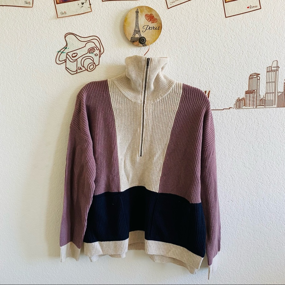 NWT Madewell Color Block Long Sleeve 1/2 Zip Ribbed Turtleneck Sweater Medium